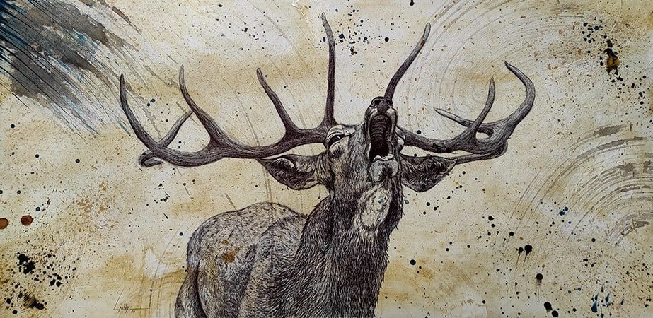 Pintura de un ciervo en la berrea